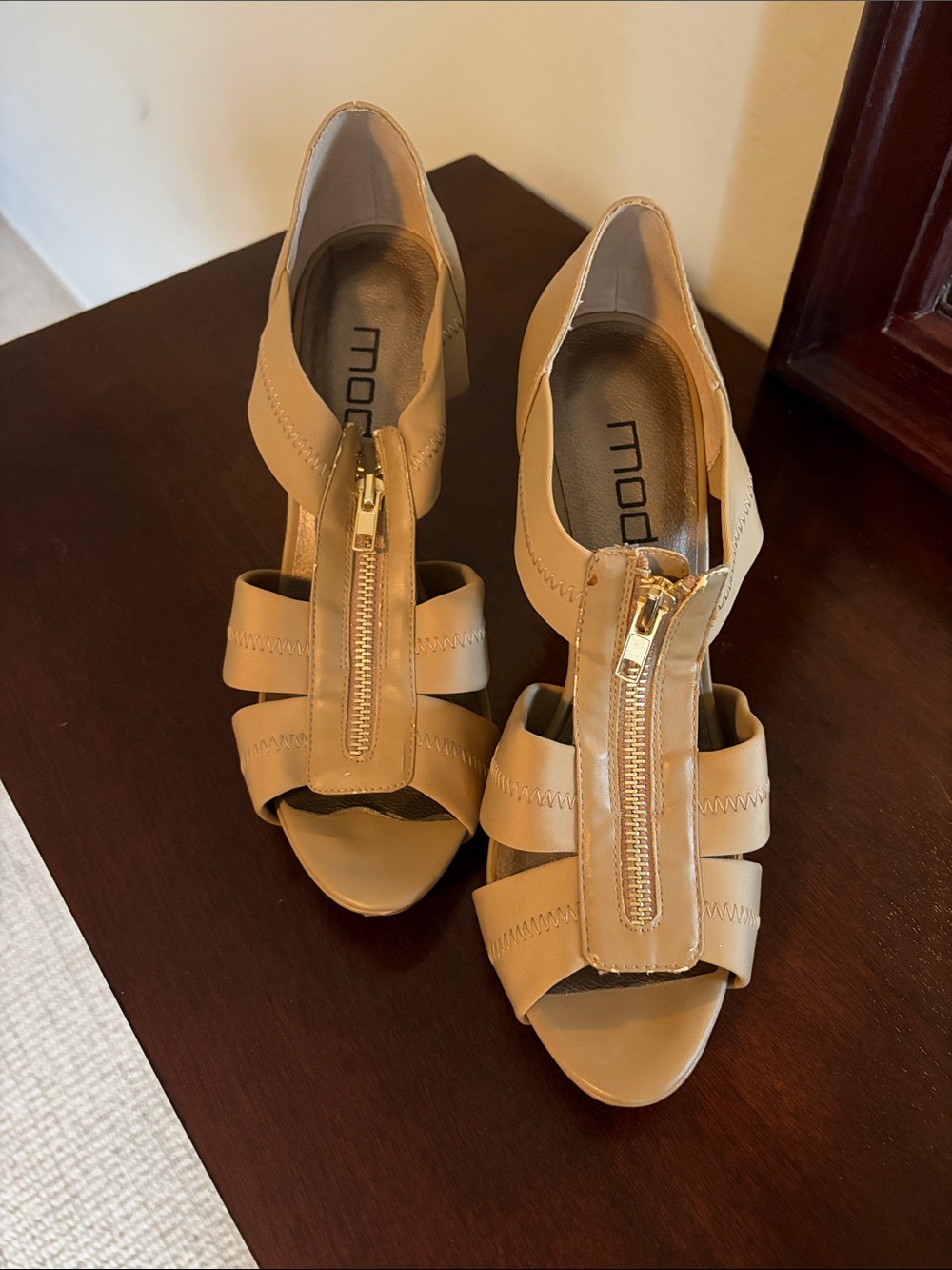Moda International Tan Zip-Front Peep-Toe Heels